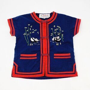 Vintage kids Sz 2 Asian Shirt daffodil‎ snap panda blue red Pockets mandarin